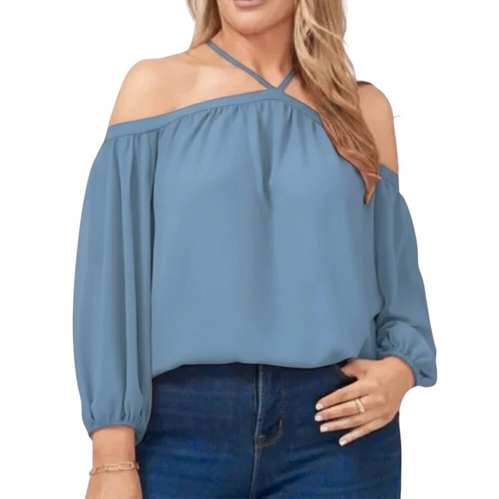 NWT 1. State Off Shoulder Strappy Balloon Sleeve Blouse in Porcelain Blue
